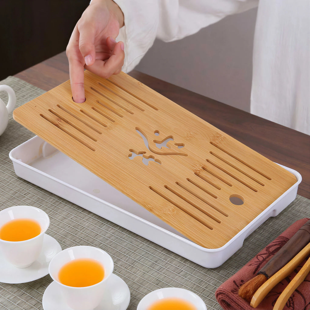 Slotted bamboo dry tray shown separately from the tea set