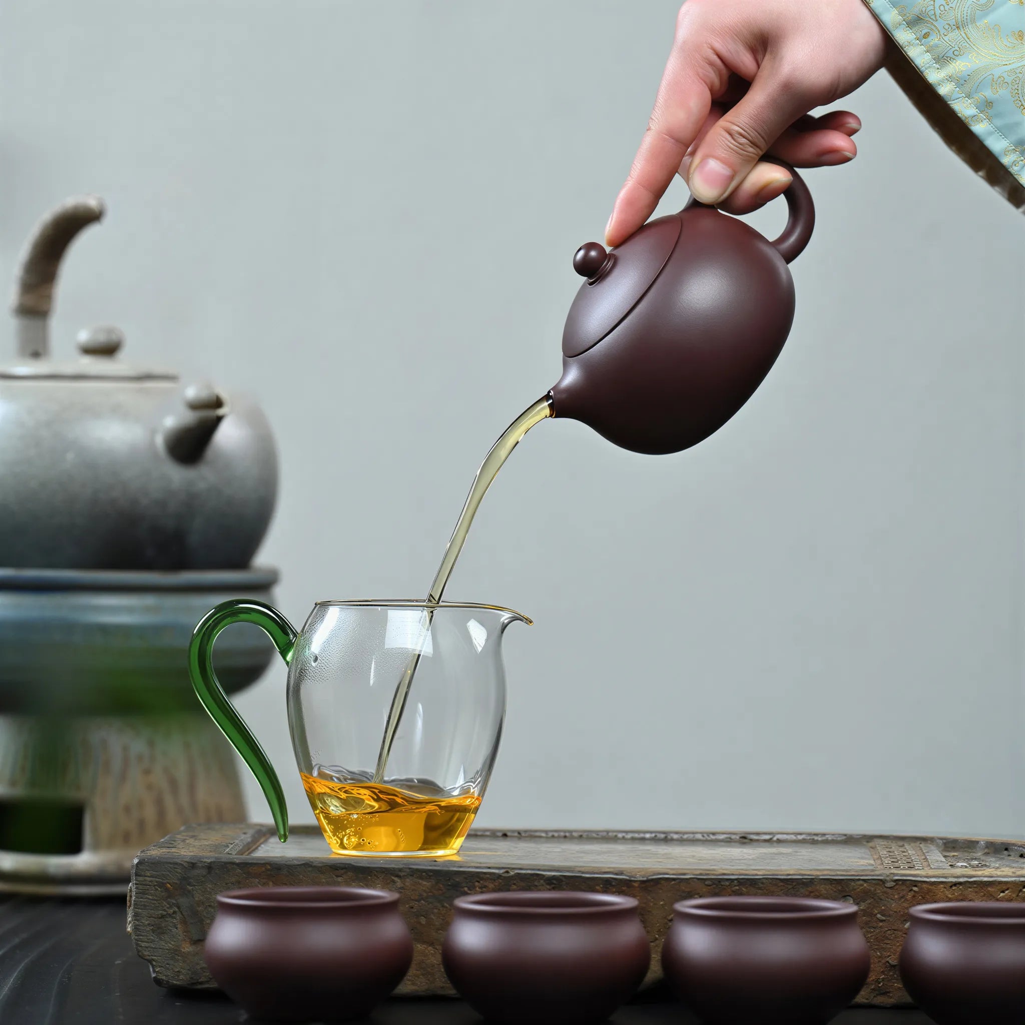 Tea pouring from the Huanglongshan zini Xishi teapot