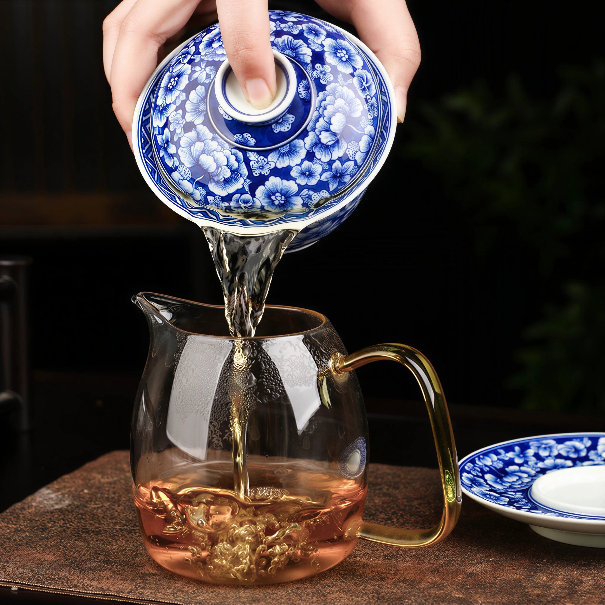 Tea being poured from the blue-and-white millefleurs gaiwan