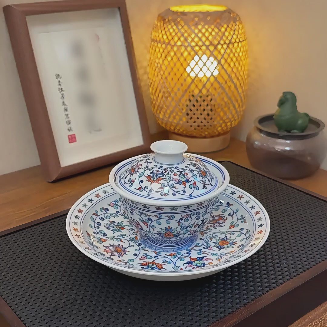 Jingdezhen Thick-Walled Tea Set for Two: Doucai-Inspired Lotus