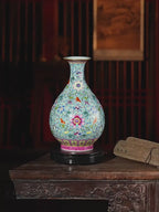 Qianlong-Style Famille Rose Green-Ground Yuhuchun Vase