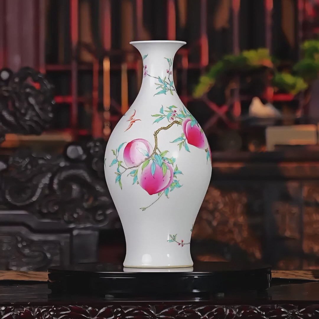 Yongzheng Famille Rose Peach and Bat Olive-Shaped Vase