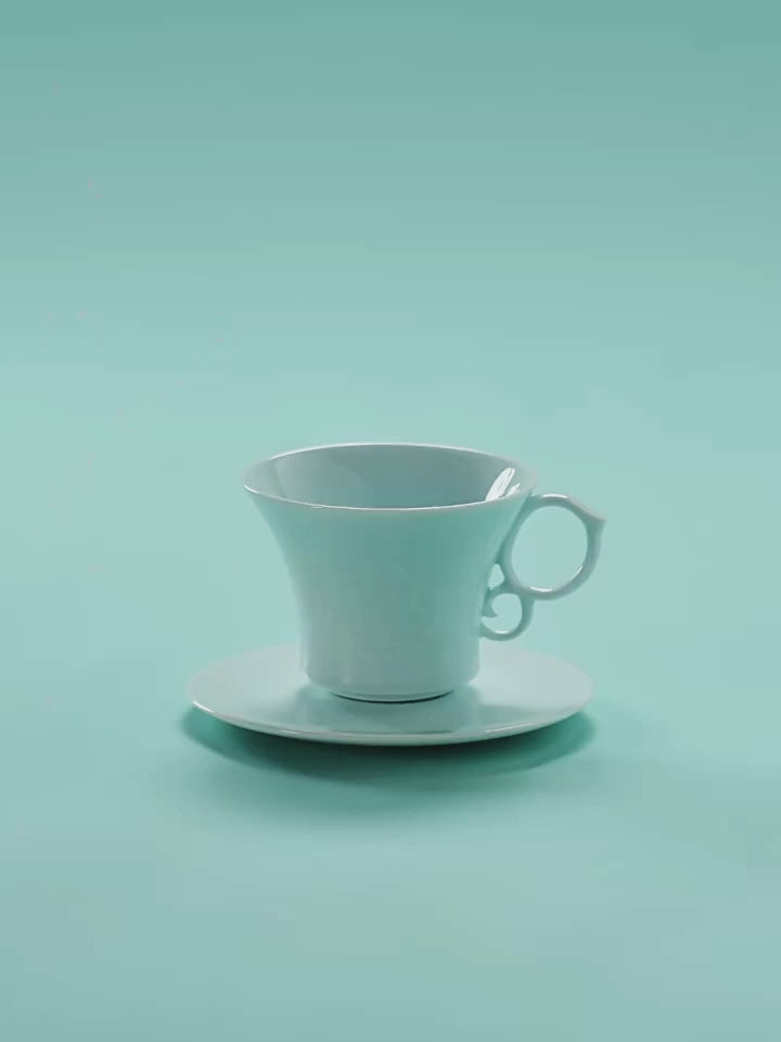 Jingdezhen Yingqing (Shadow Blue) Carved Peony Coffee Cup and Saucer
