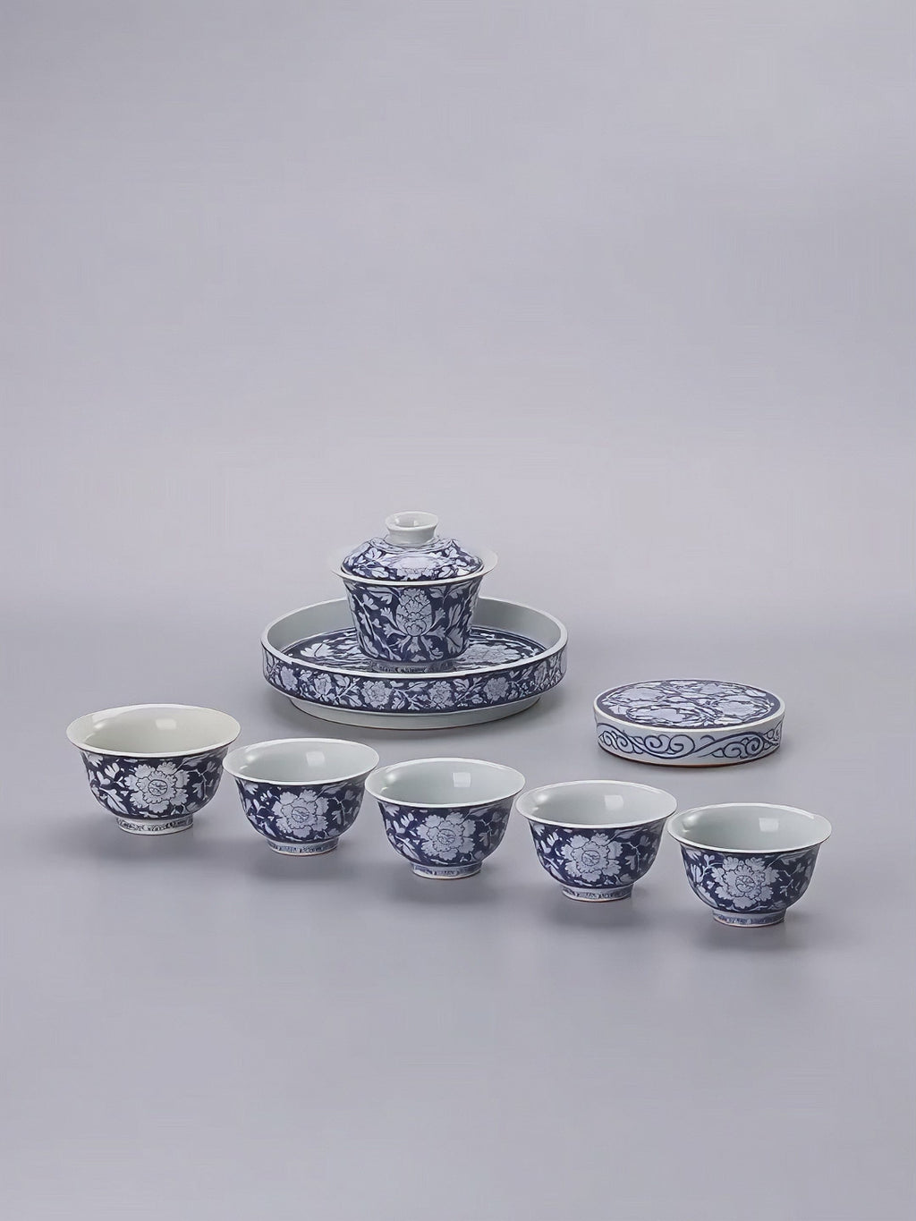 Jingdezhen In-Glaze Blue-and-White Peony Gongfu Tea Set