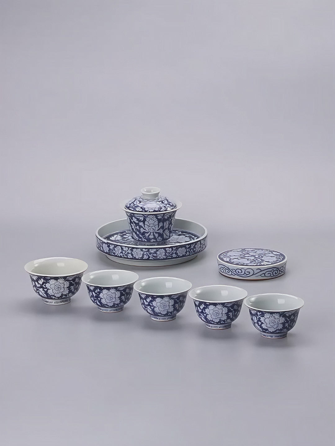 Jingdezhen In-Glaze Blue-and-White Peony Gongfu Tea Set