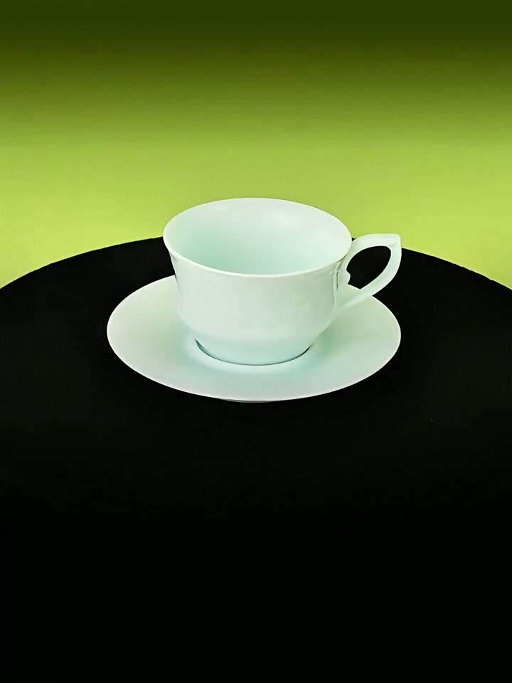Qingbai porcelain cups and saucers shown from several angles, including the horse decoration, handle and tea being poured.