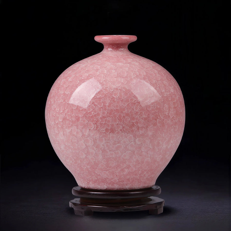 Front view of a blush pink crackle-glaze Jingdezhen pomegranate vase