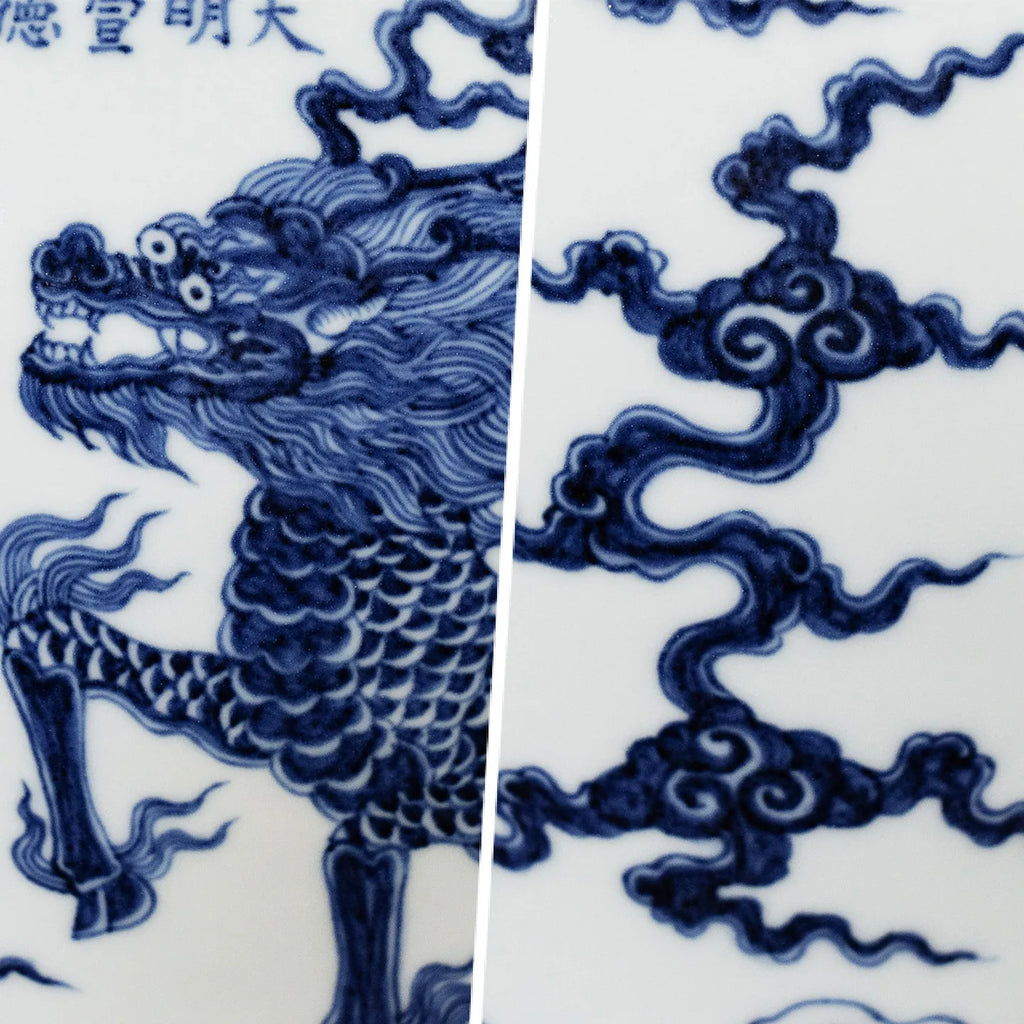 Cobalt linework on the qilin, waves, and cloud motifs