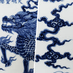 Cobalt linework on the qilin, waves, and cloud motifs