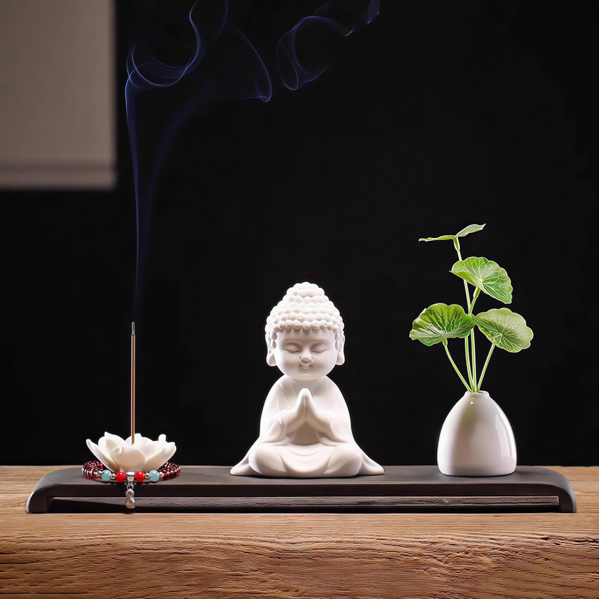 Reverence pose Buddha in the white porcelain tabletop altar set
