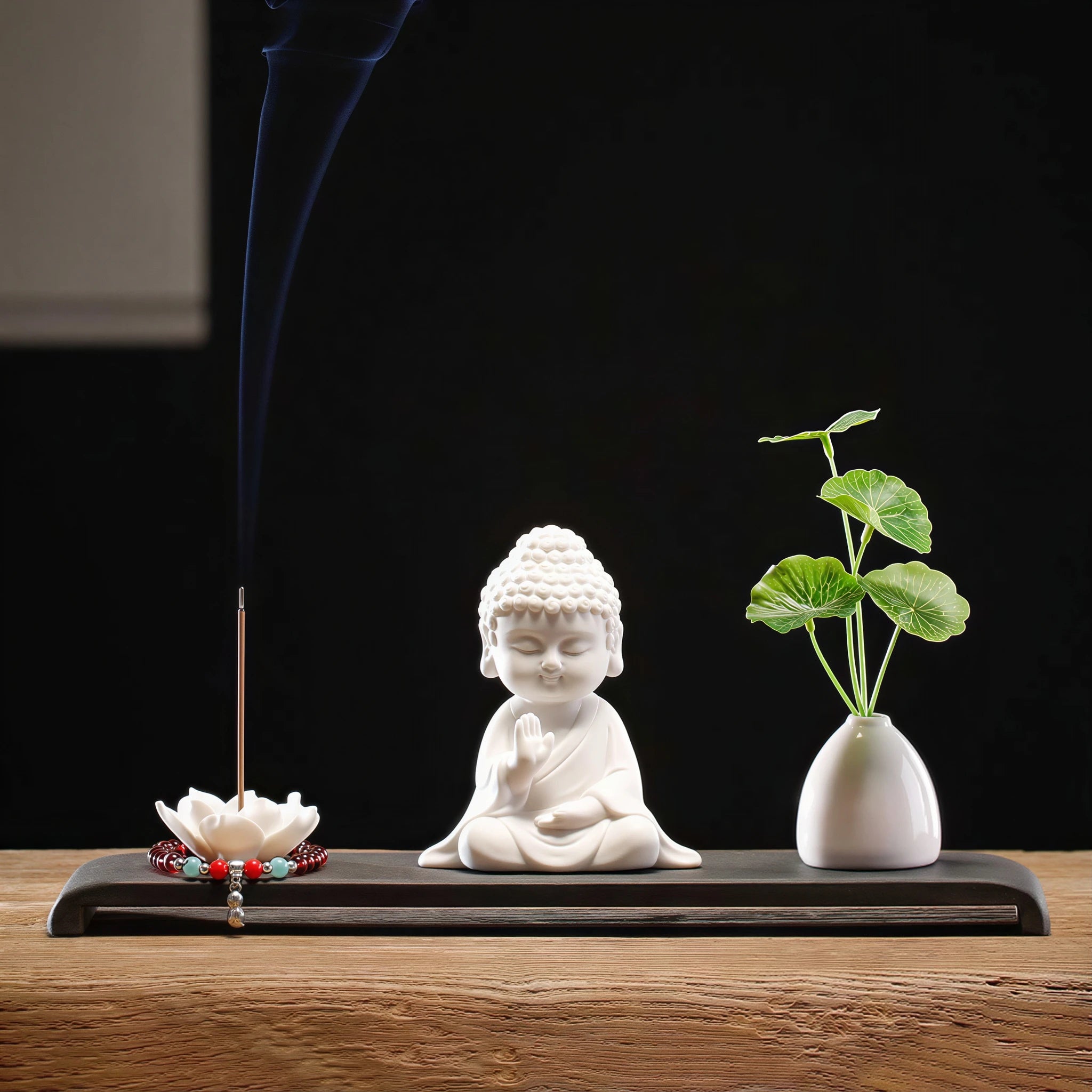 Contemplation Buddha with lotus incense holder and bud vase