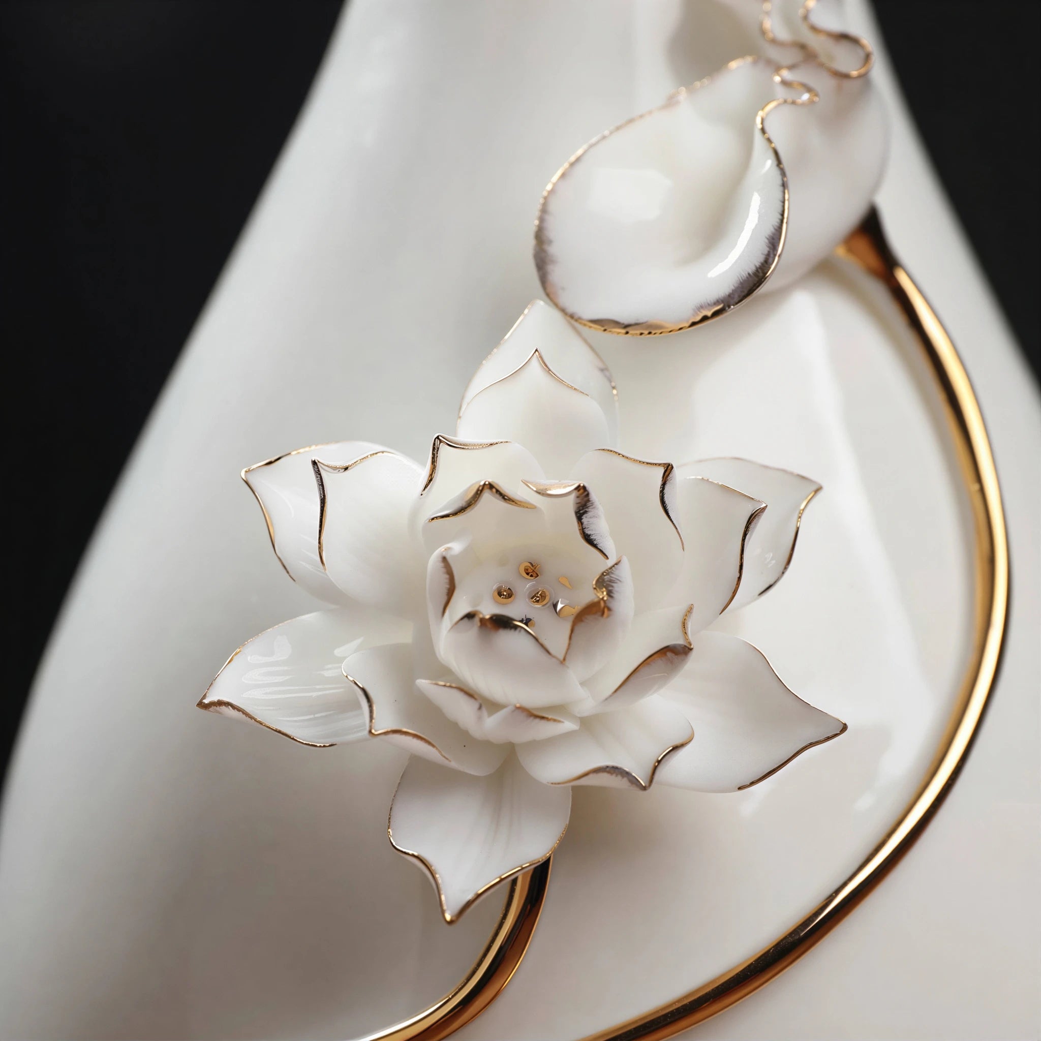 Close view of the raised lotus petals, stem, and gold-toned outlines