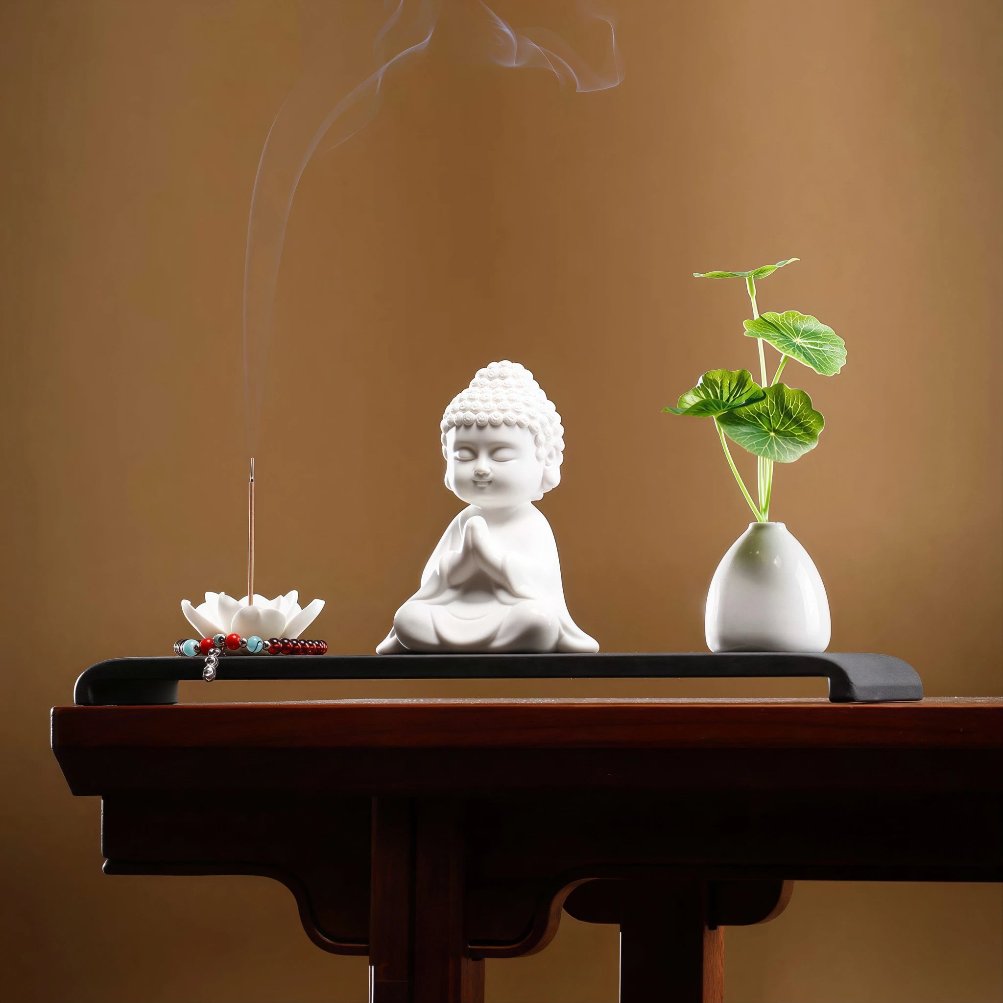 Reverence Buddha altar set displayed on a wood table