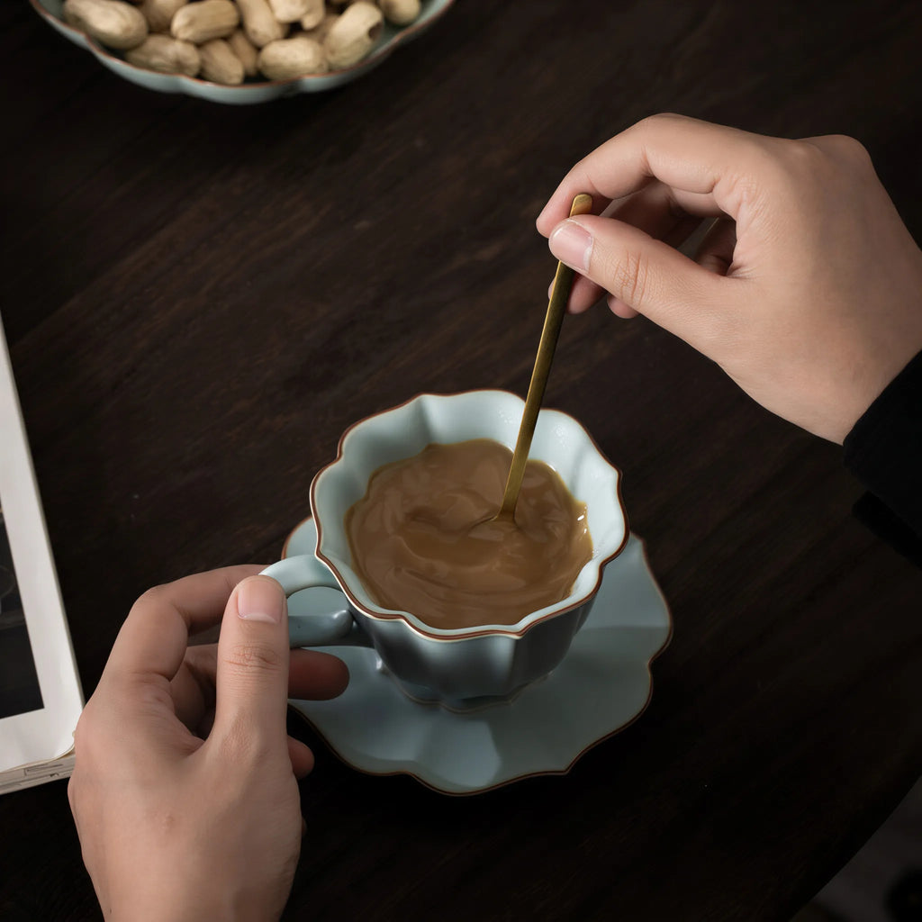 Ru-style celadon coffee cup and saucer with matching spoon