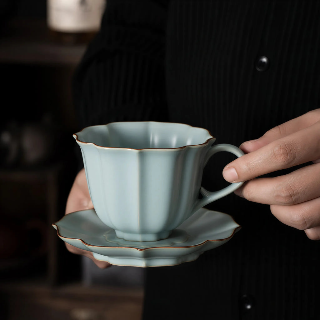 Ru-style celadon coffee cup set in its presentation box
