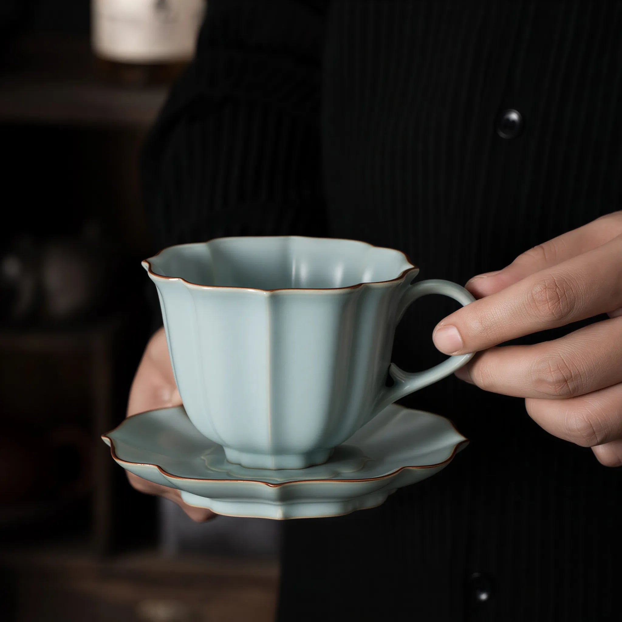 Ru-style celadon coffee cup set in its presentation box