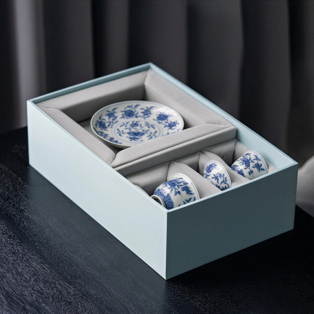 San Duo gaiwan, tea boat, and cup in fitted packaging