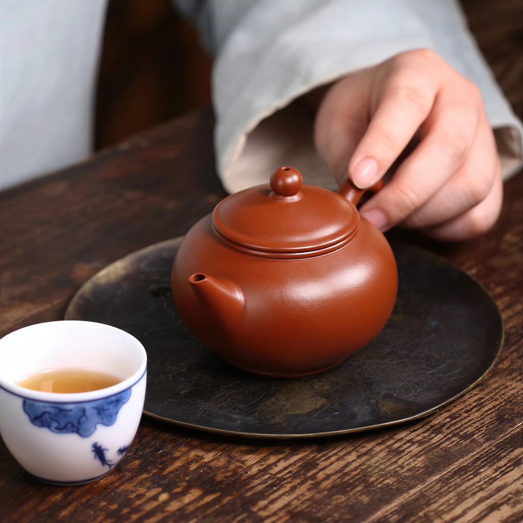 Red Shui Ping teapot shown with one tasting cup for scale