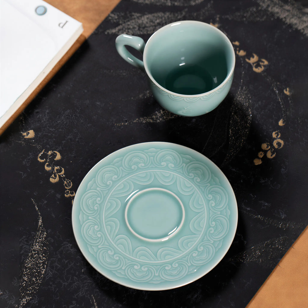 Overhead view of the Sky Blue celadon cup and saucer