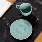 Overhead view of the Sky Blue celadon cup and saucer