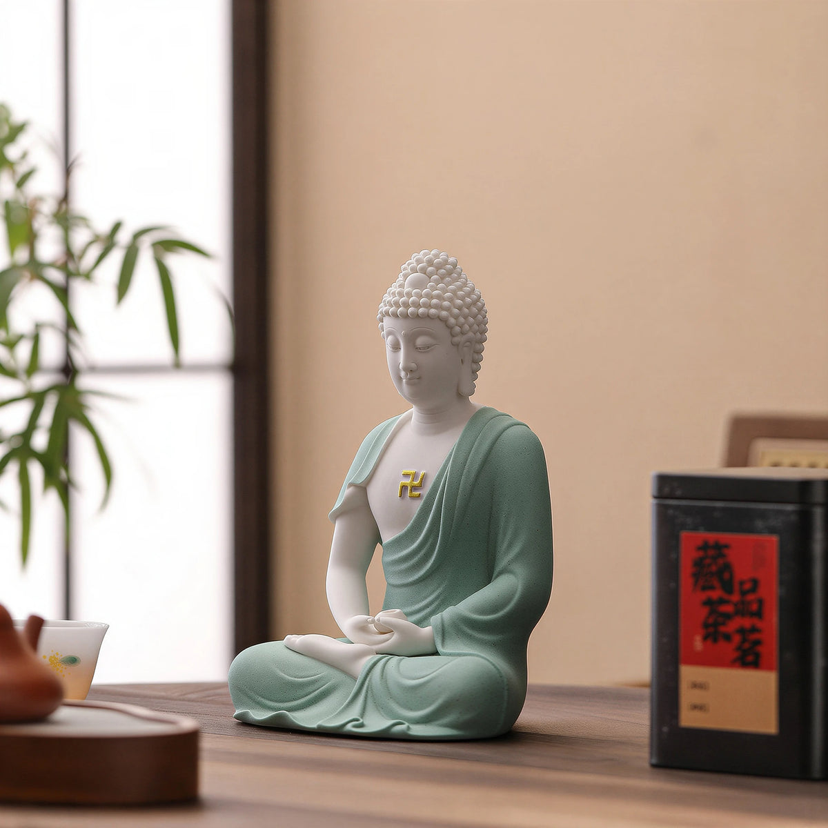 Soft green and white Amitabha Buddha sculpture displayed in a study setting