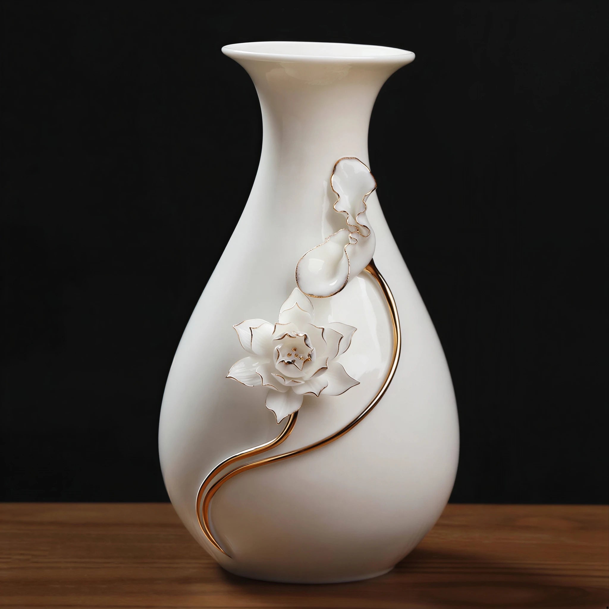Soft pink lotus and green stem relief across the pear-shaped vase