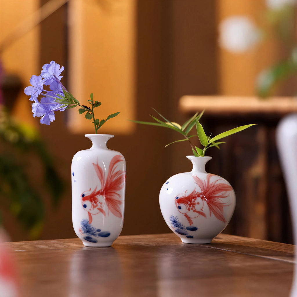 Two small goldfish porcelain vases with blue and green flower stems