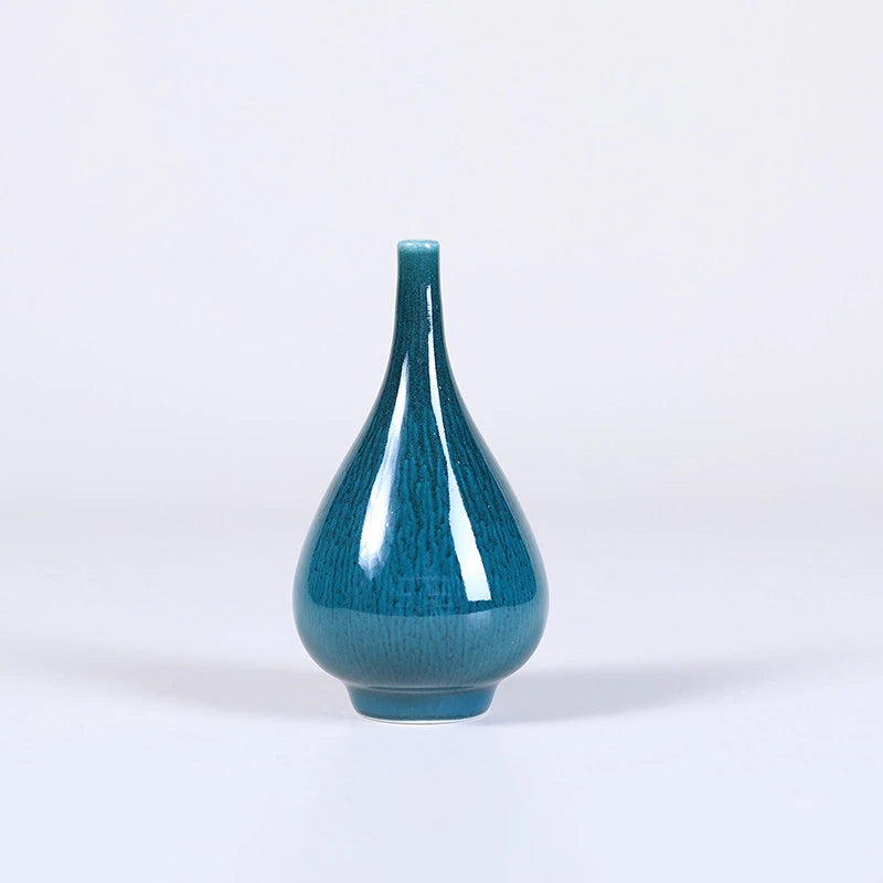 Slender teardrop peacock green mini porcelain vase