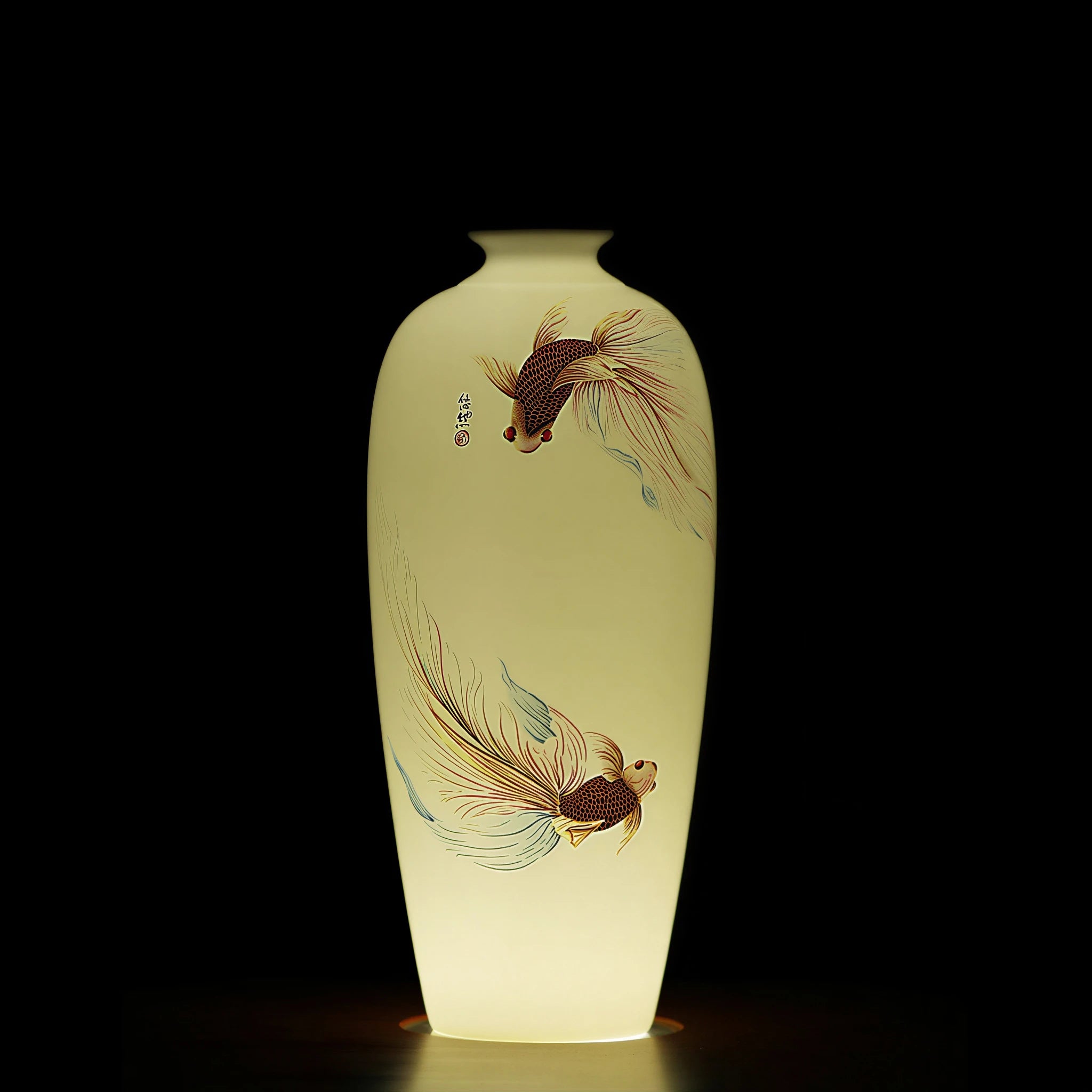 Backlit goldfish Meiping vase showing the warm translucency of the white porcelain body