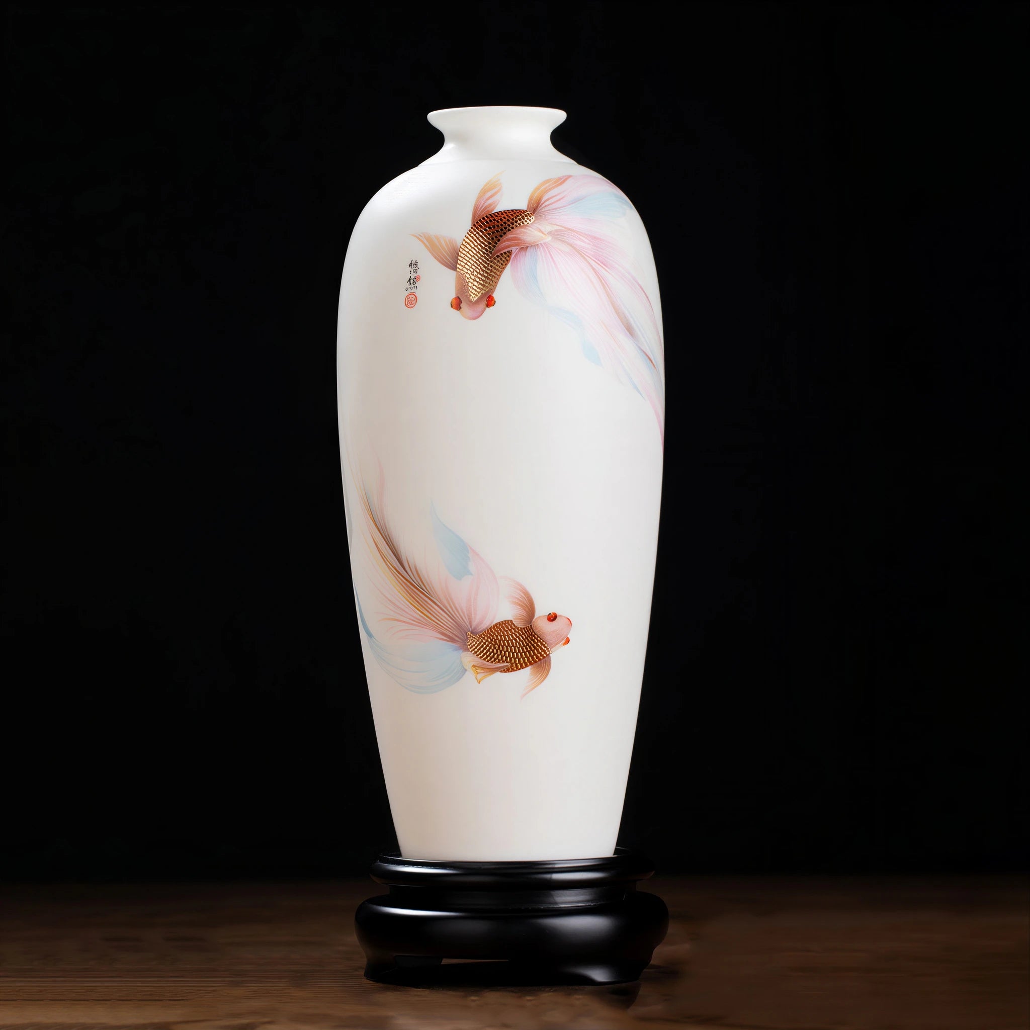 Front view of a translucent white porcelain Meiping vase with two long-finned goldfish