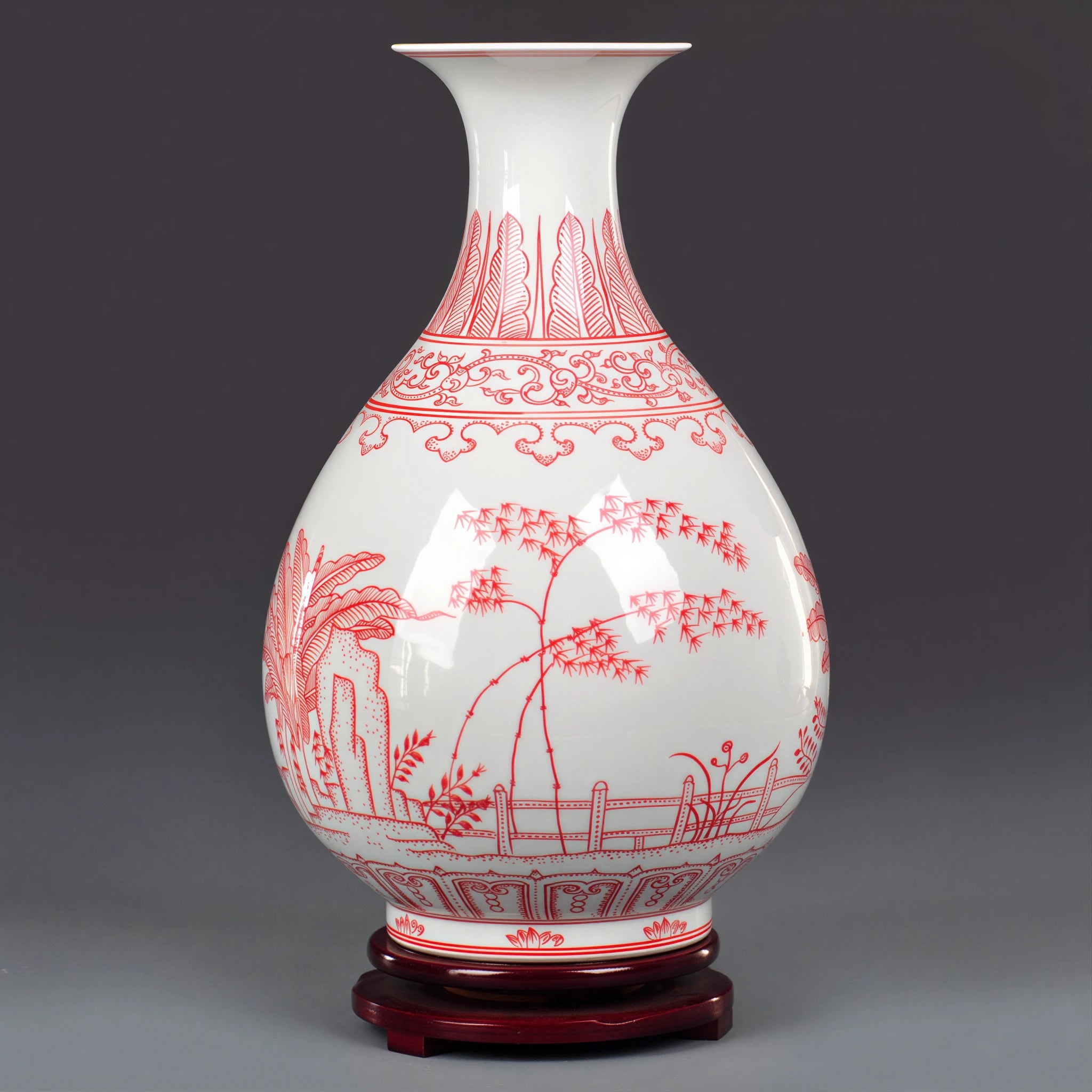 Full view of the red and white Yuhuchun vase on its fitted wooden stand