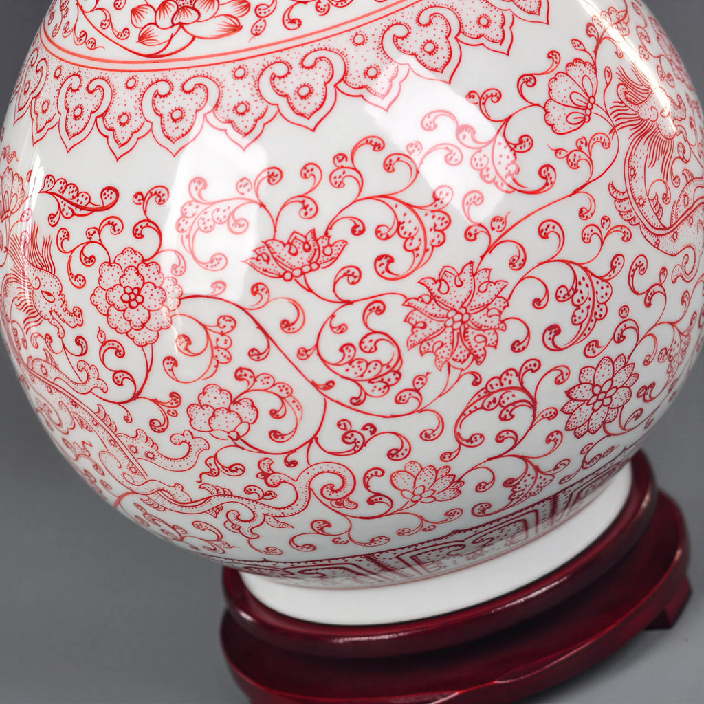 Close view of underglaze red lotus-scroll decoration
