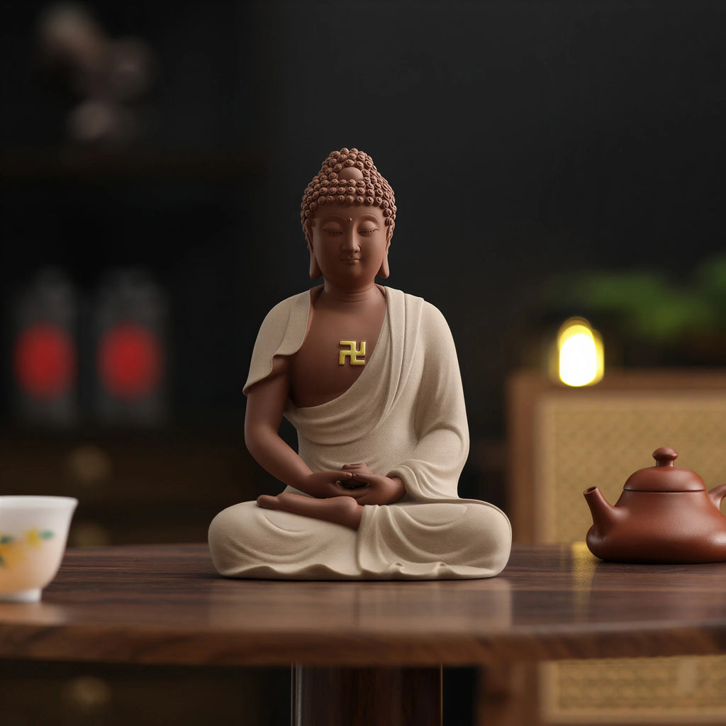 Warm gray Amitabha Buddha sculpture displayed beside a teapot and cup