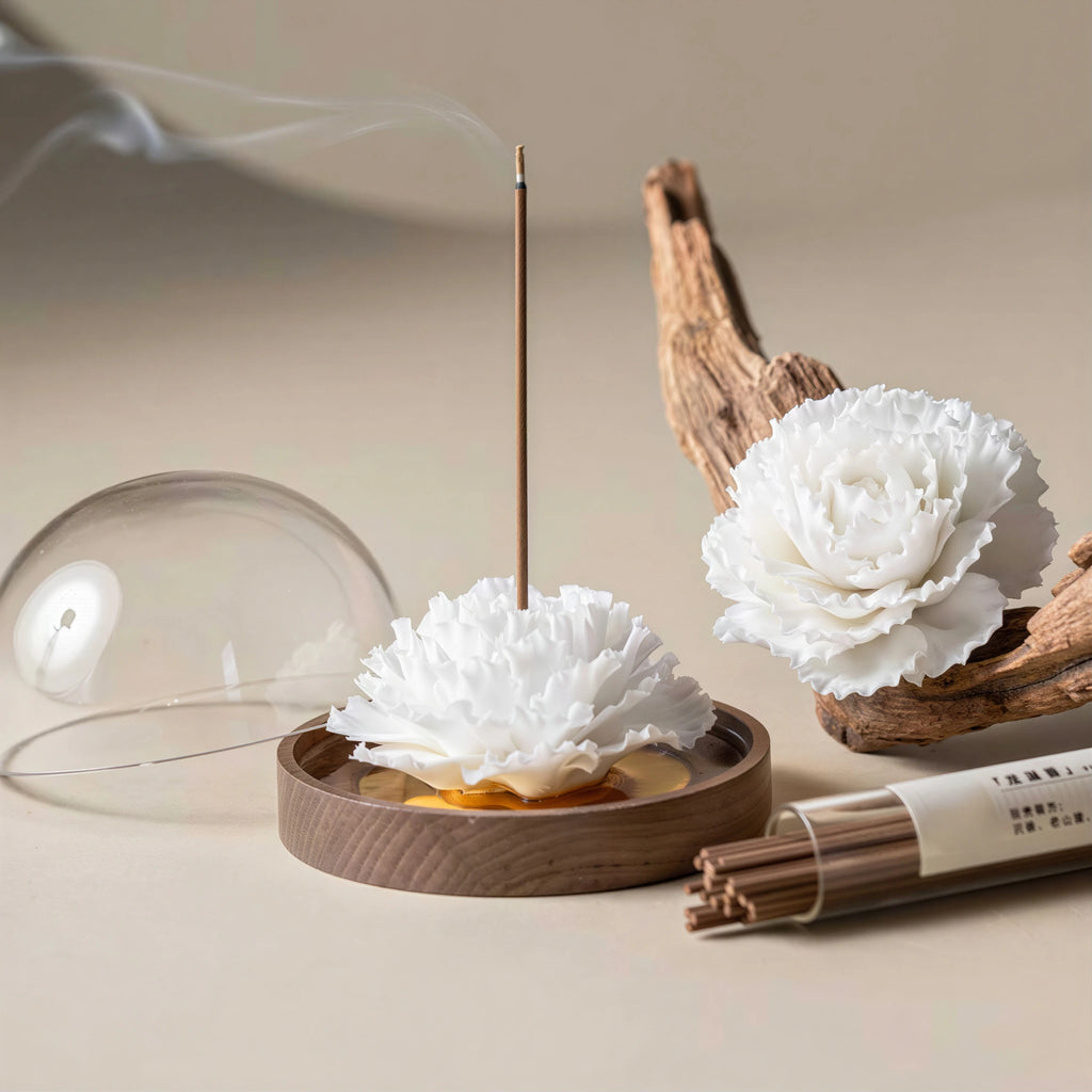 Angled view of the carnation, wood base, dome and incense tube