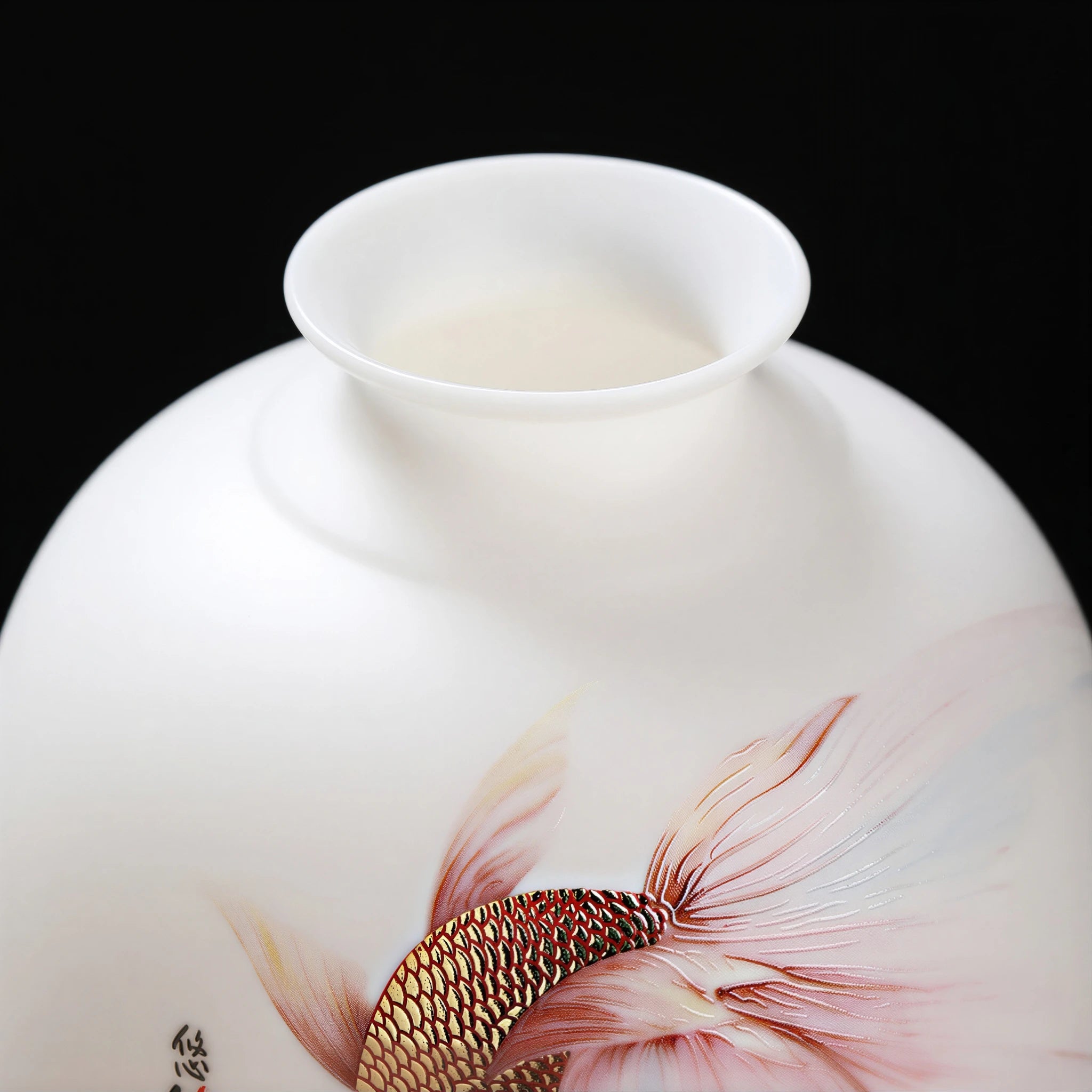 Close view of the flared mouth and smooth white shoulder of the Meiping vase