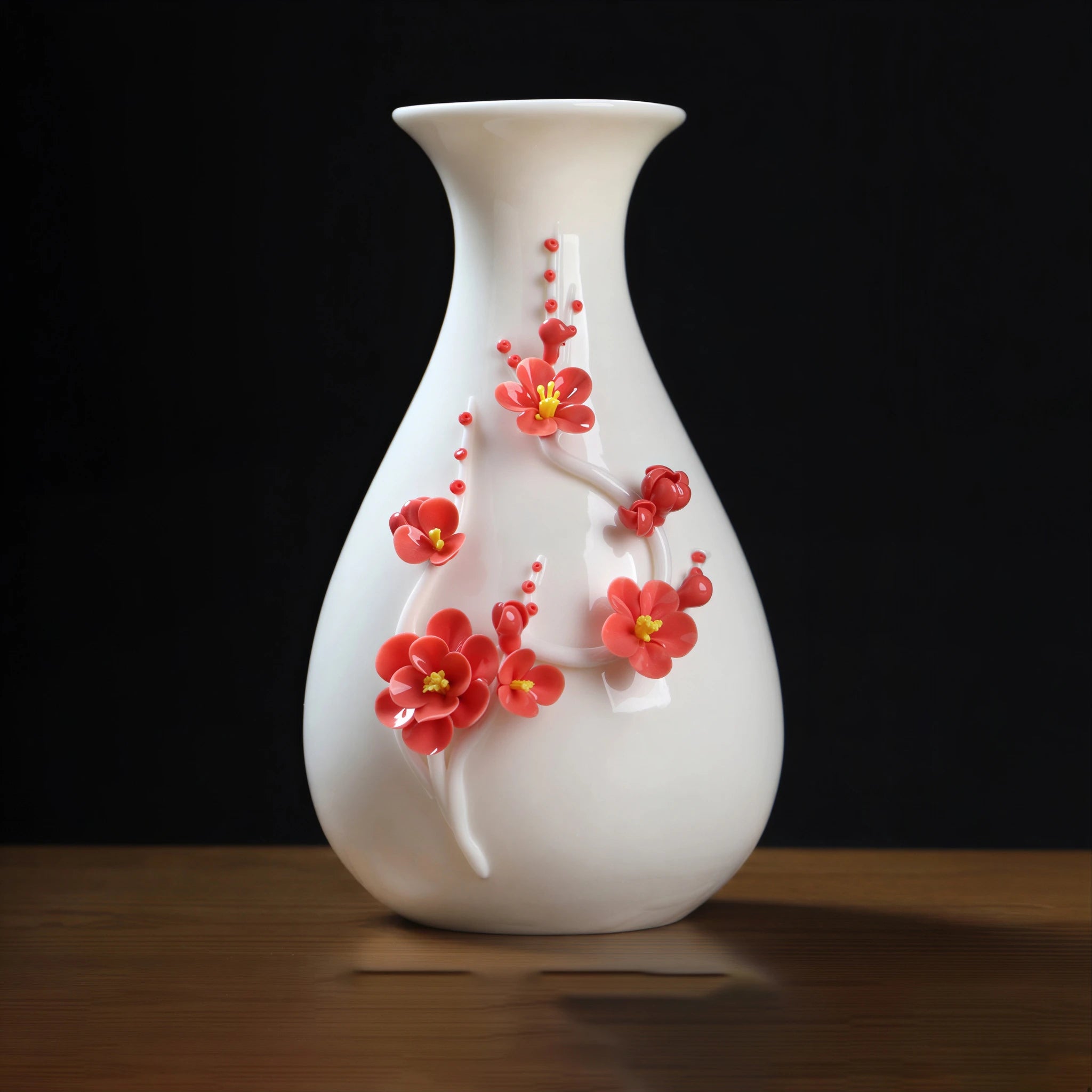 Side view of the white pear-shaped porcelain vase and applied plum branches