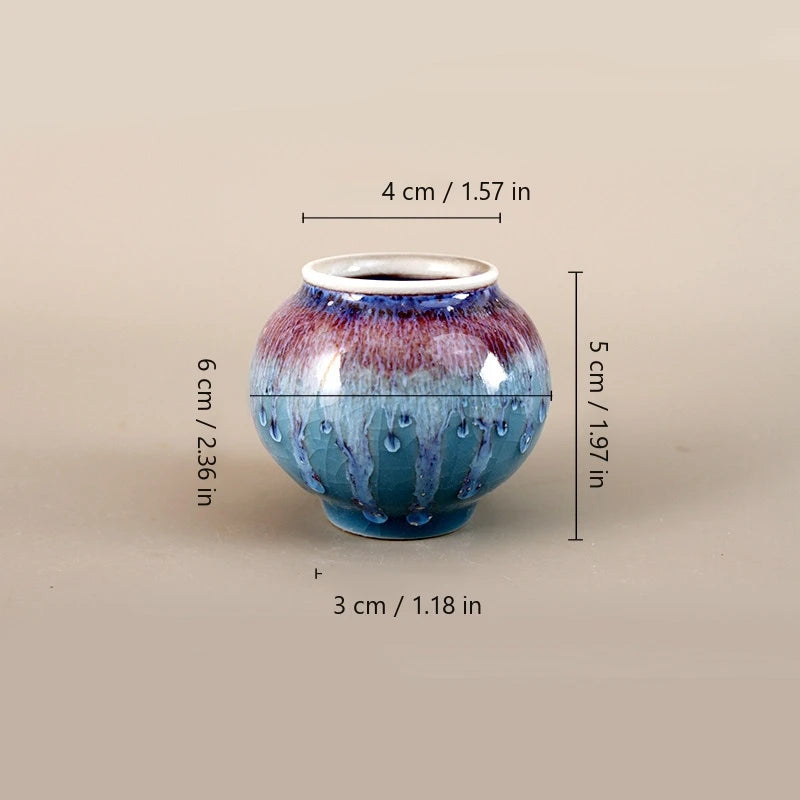 Wide-mouth reactive-glaze vase size guide showing 6 cm width, 5 cm height, 4 cm mouth, and 3 cm base