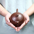 Top view of the Xishi teapot held in two hands