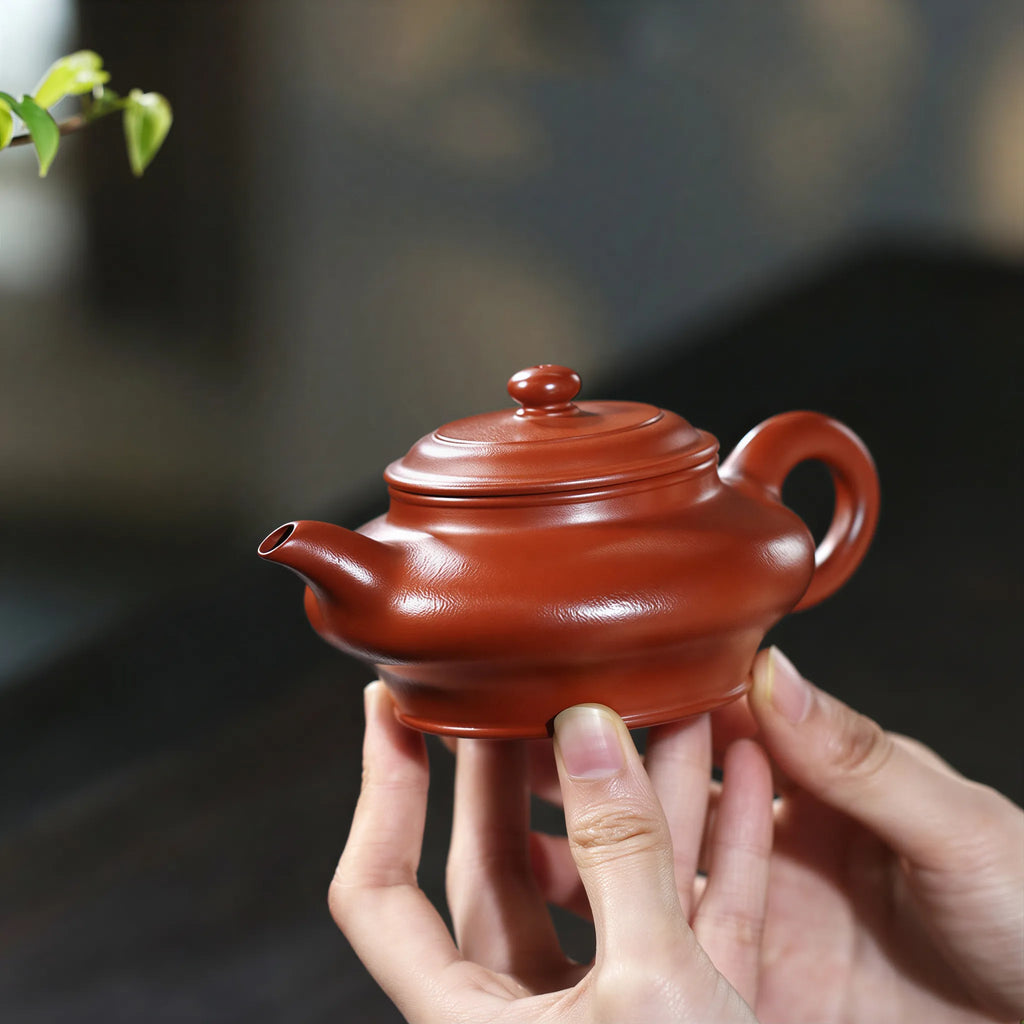 Side profile showing the Xu Bian teapot's low height in hand