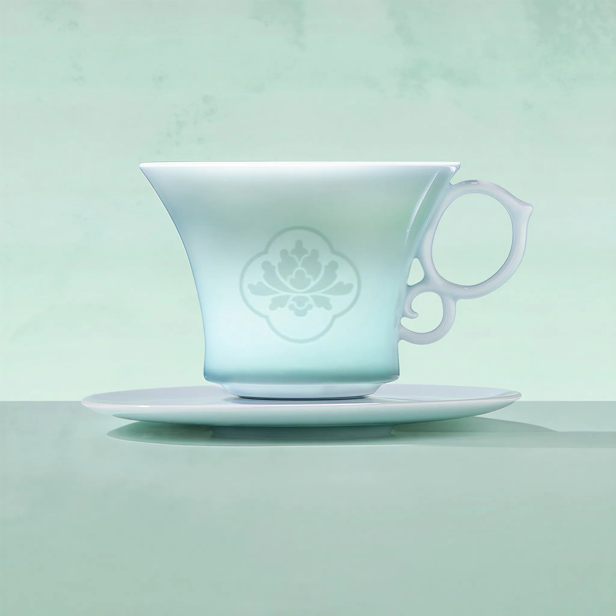 Profile of the carved peony coffee cup under pale Yingqing glaze