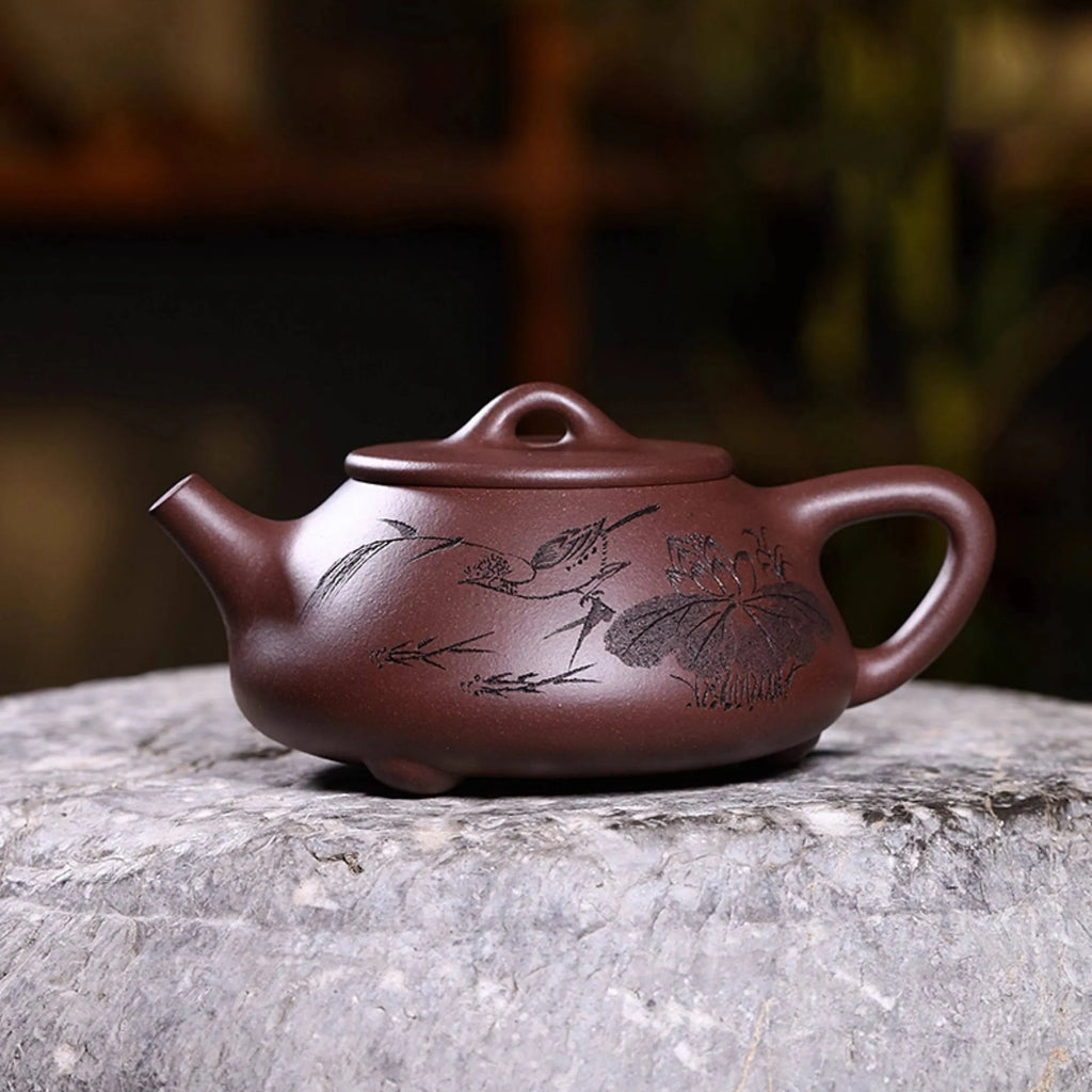 Yixing zini Shipiao teapot with hand-carved lotus
