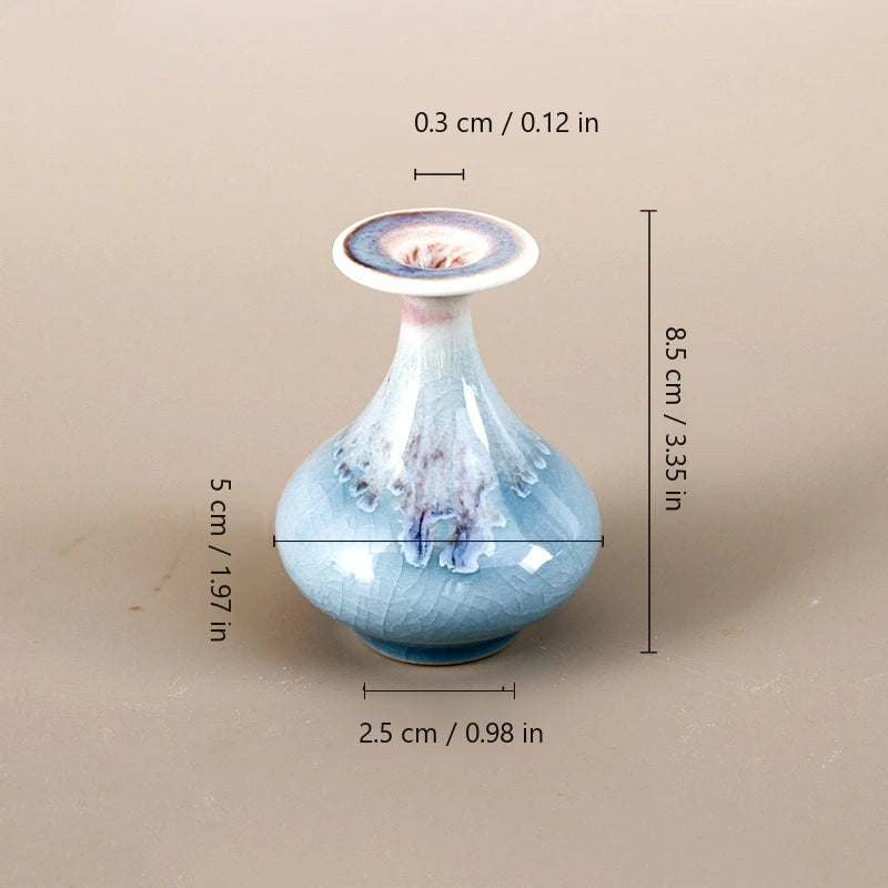 Yuhuchun reactive-glaze vase size guide showing 5 cm width, 8.5 cm height, 0.3 cm mouth, and 2.5 cm base