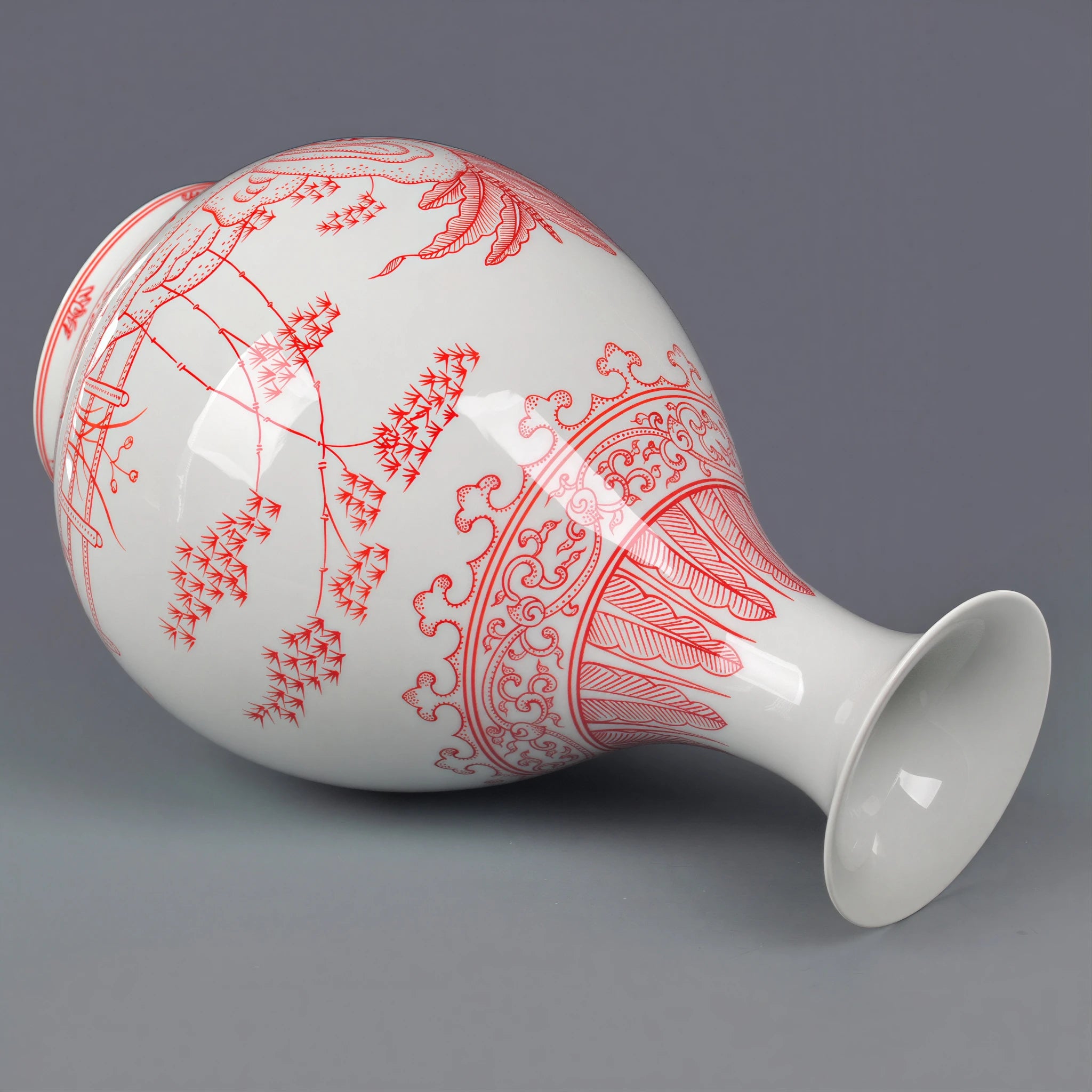 Side view of the Yuhuchun vase showing bamboo and garden decoration across the rounded body