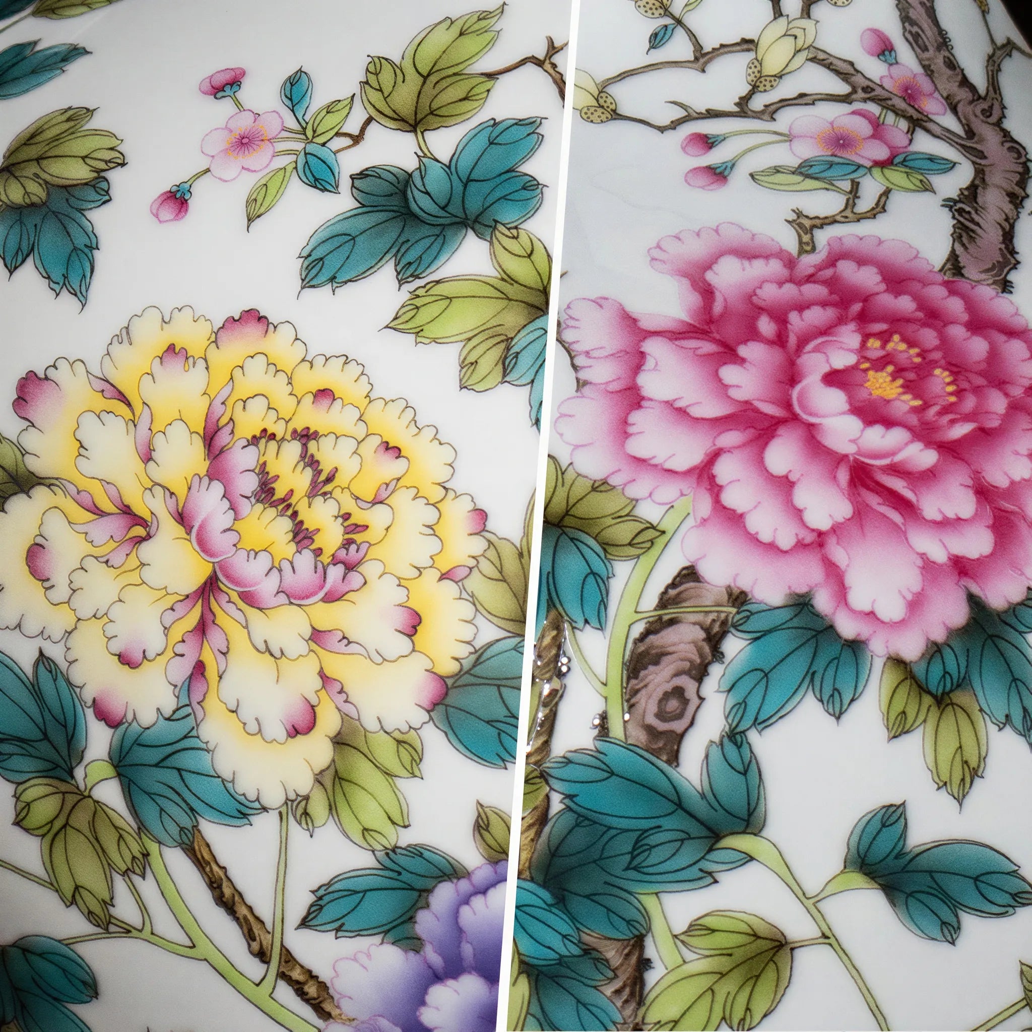 Magnolia, crabapple, and peony enamel detail