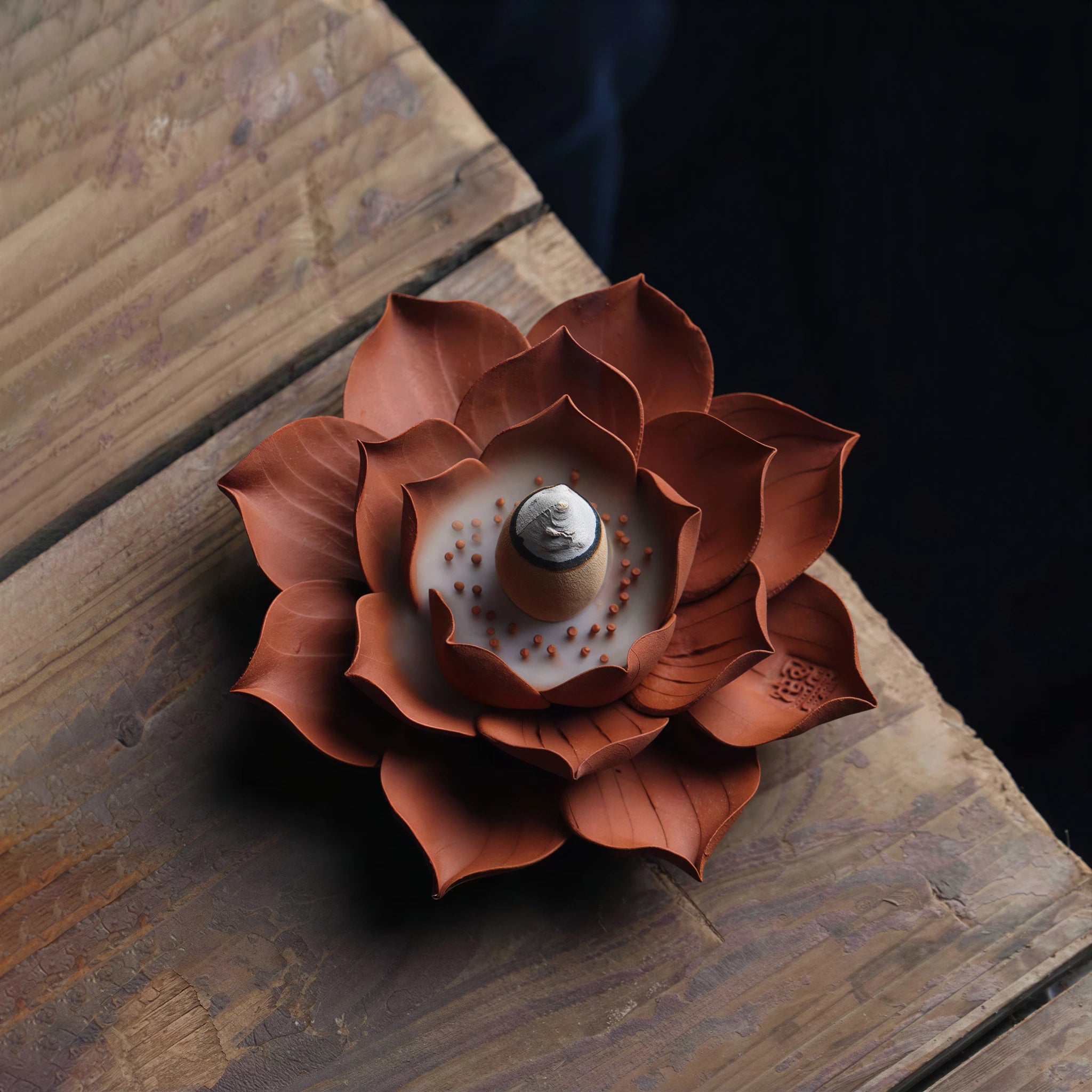 Close view of the layered unglazed Zhuni clay petals
